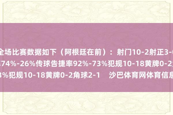 全场比赛数据如下（阿根廷在前）：射门10-2射正3-0进球契机2-0控球率74%-26%传球告捷率92%-73%犯规10-18黄牌0-2角球2-1    沙巴体育网体育信息